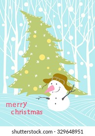 Vector illustration with snowman under the tree. New year greeting card. For your design
