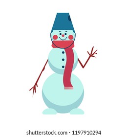 Vector illustration of snowman waving stick hand and wearing bucket hat and red scarf in flat style - isolated winter snowy smiling decorative element for seasonal and holiday design.