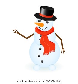Vector illustration of snowman wearing red scarf and top hat isolated on white background. Smiling winter character.
