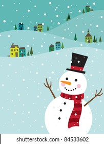 Vector illustration of a snowman with winter background.