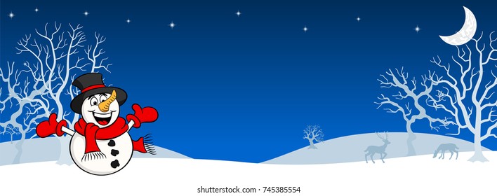 vector illustration of a snowman in a winter landscape