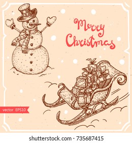 Vector illustration of the snowman,christmas sleigh,gift boxes,text Merry Christmas on background with abstract paper texture,retro frame.Santa's sleigh,snowman sketch.Linear art in vintage style. 