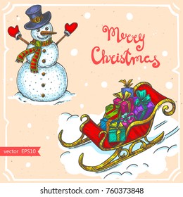 Vector illustration of the snowman,christmas sleigh,gift boxes,text Merry Christmas on background with abstract paper texture,retro frame.Santa's sleigh,snowman sketch.Linear art in vintage style. 