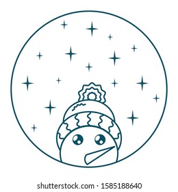 Vector illustration of a snowman's head in a hat in a round frame.