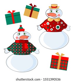 
Vector illustration of snowmen. An isolated image of a christmas snowman. Christmas boxes.