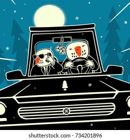 Vector illustration of Snowmen Riding on the Car