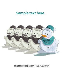 Vector illustration snowmen in a row with hats and scarfs. Isolated against white.