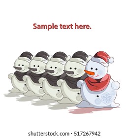 Vector illustration snowmen in a row with hats and scarfs. Isolated against white.