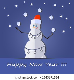 Vector illustration with snowmen with snowballs, greetings, New  Year