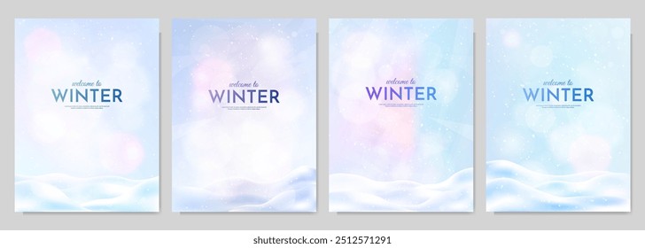 Ilustración vectorial. Fondo nevado. Derivas de nieve. Nevada. Cielo azul claro. Ventisca. Fondo de pantalla de dibujos animados. Clima frío. Temporada de invierno. Diseño para cartel, portada, revista, diseño, folleto