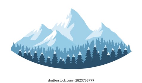 Vector illustration of snowy blue mountain peaks with a dense pine forest in the foreground, featuring snow-capped evergreen trees against a white background for winter concepts.