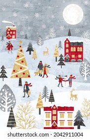 Vector illustration of snowy Christmas cityscape and people (background)