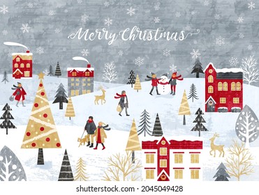 Vector illustration of snowy Christmas cityscape and people (background)