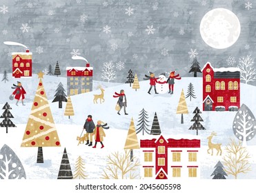 Vector illustration of snowy Christmas cityscape and people (background)