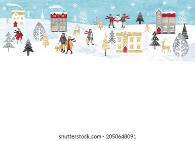 Vector illustration of snowy Christmas cityscape and people (background)