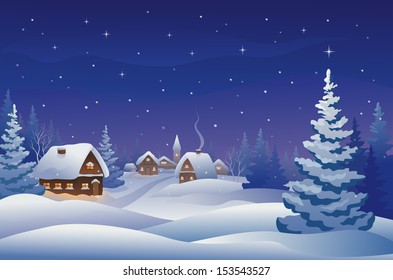 Vector illustration of a snowy Christmas eve village