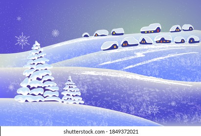 Vector illustration of a snowy Christmas eve village