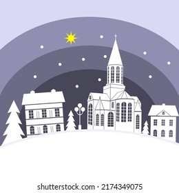 Vector illustration of snowy Christmas landscape at night