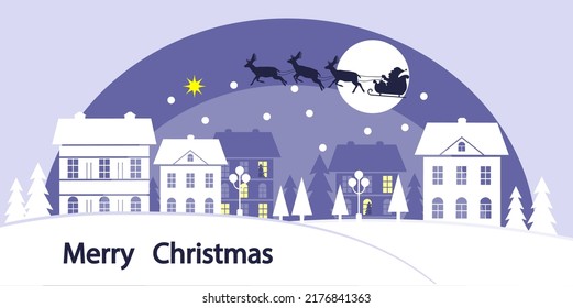Vector illustration of snowy Christmas landscape at night