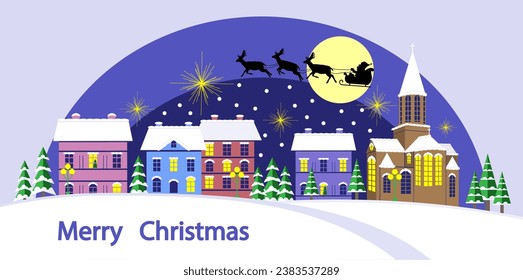 Vector illustration of snowy Christmas landscape at night