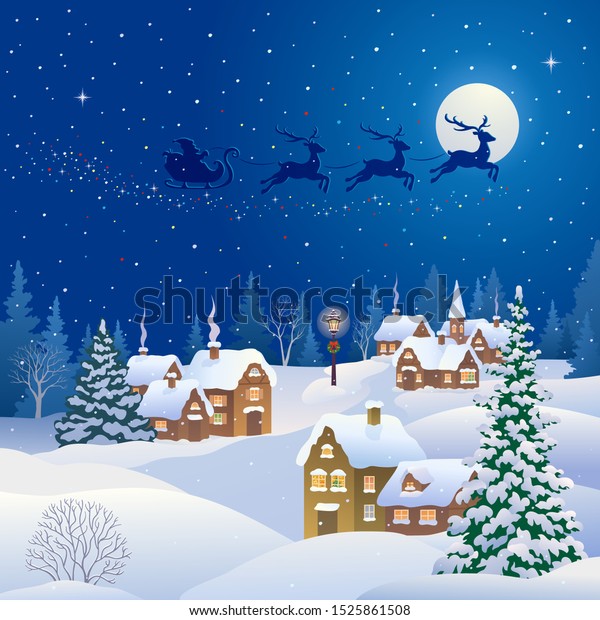 雪の多いクリスマス夜の村とサンタクロースがそりを飛び 四角いデザインのクリスマスカードのベクターイラスト のベクター画像素材 ロイヤリティフリー