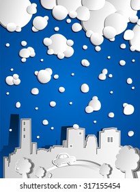 Vector illustration with snowy city. Imitation of paper. 