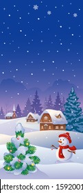 Vector illustration of a snowy country and a cute snow man decorating a small fir tree, vertical banner