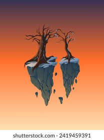 Ilustración vectorial de una isla flotante nevada con un árbol muerto