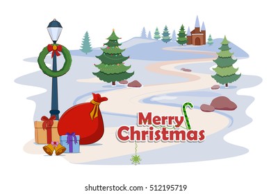 vector illustration of snowy landscape in Christmas night