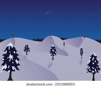 vector illustration of a snowy landscape at night with stars in the sky and trees covered with snow and there are falling celestial bodies or what people call shooting stars