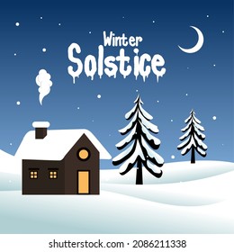 Vector illustration, snowy landscape with winter solstice lettering, elements for invitations, templates, posters, greeting card.