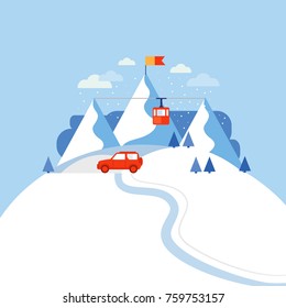 Vector illustration of a snowy mountain. Ski mountain. Winter activities of snowboard and ski. Snow background. Landscape with mountains. Collection of elements: car, house, funicular railway, tree.