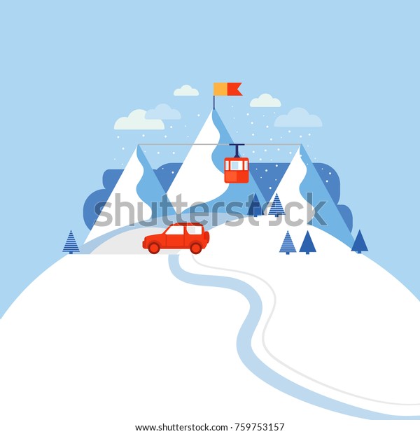 雪の多い山のベクターイラスト スキー山 スノーボードやスキーの冬の活動 雪の背景 山と風景 エレメントのコレクション 車 家 鋼索鉄道 木 のベクター画像素材 ロイヤリティフリー