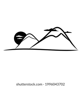 Vector Illustration of snowy mountain with sun and clouds. Logo design elements