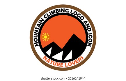 vector illustration of a snowy mountain with sun, orange color, inside a circle. Great for icons and logos, nature lovers, mountaineering, nature trips, outdoors.