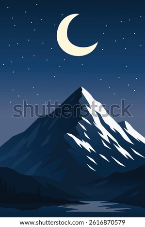 Vector illustration of a snowy mountain under a crescent moon and starry night sky, creating a peaceful and serene natural landscape in cool blue tones.