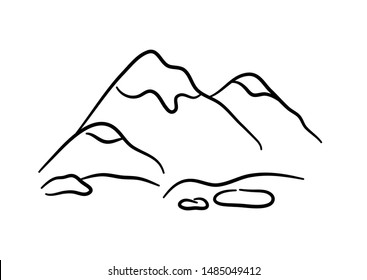 Vector illustration with snowy mountains on a white background. Snow on the tops of the mountains. Mountain icon. Outline drawing.