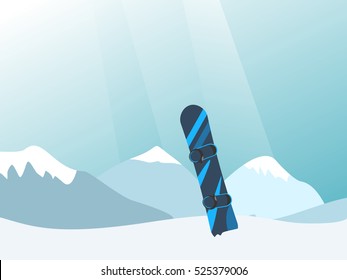 Vector illustration with snowy mountains and snowboard