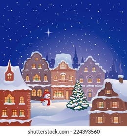 Vector illustration of a snowy old town and a cute snow man decorating a tree at xmas night