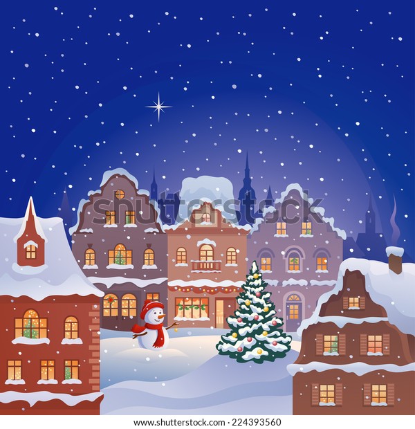 Vector Illustration Snowy Old Town Cute Stock Vector (Royalty Free ...