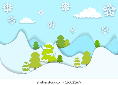vector illustration of snowy pine tree in hilly landscape