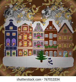 Vector illustration. Snowy street. Flat design. Christmas card Happy Holidays banner. Urban winter landscape.