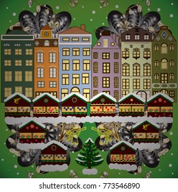 Vector illustration. Snowy street. Urban winter landscape. Christmas card Happy Holidays banner. Flat design.