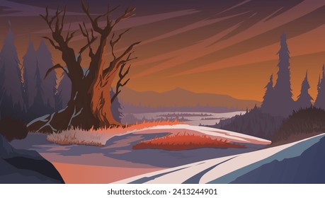 Vektorgrafik eines schneebedeckten Tales mit Bäumen, beleuchtet durch das Licht der aufgehenden Sonne