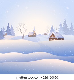 Vector illustration of a snowy village landscape, square background