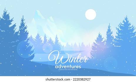 Vector illustration. Snowy weather. Natural tree silhouettes. Mountain with sun on backdrop. Flat style.