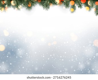 Ilustración vectorial de fondo invernal nevado con ramas de pino, luces bokeh brillantes y nieve caída, perfecto para diseños de vacaciones.