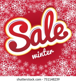 Vector illustration of a snowy winter background. Snowflakes on red background and text Sale winter.