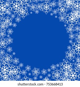 Vector illustration of a snowy winter background. Snowflakes on blue background with empty space in center for text.