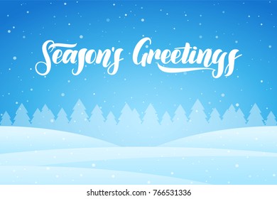 Vector illustration: Snowy winter background with forest and handwritten lettering of Season's Greetings